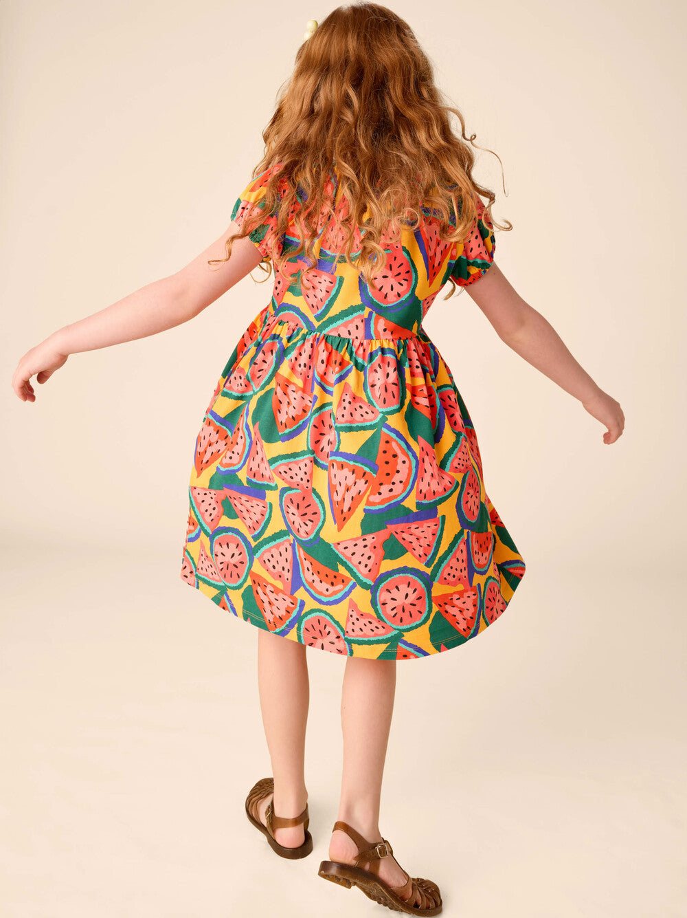 TEA COLLECTION NIÑA VESTIDO PUFF SLEEVE EMPIRE WIGGLY WATERMELONS