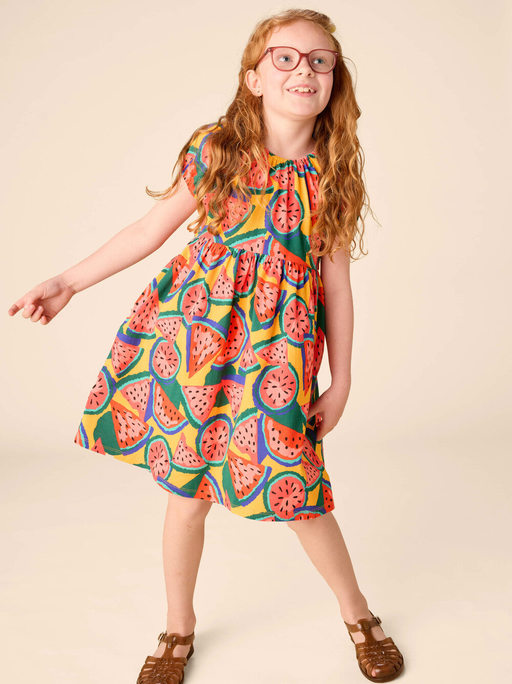 TEA COLLECTION NIÑA VESTIDO PUFF SLEEVE EMPIRE WIGGLY WATERMELONS