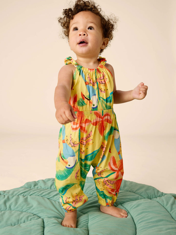TEA COLLECTION BEBE NIÑA ROMPER TIE SHOULDER TOUCAN BANANA TREE