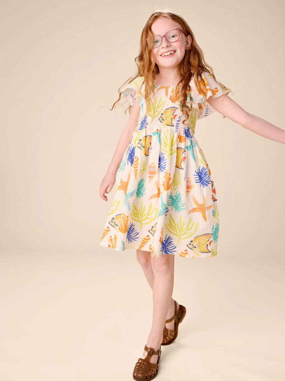 TEA COLLECTION NIÑA VESTIDO FLUTTER SLEEVE WATERCOLOR SEA LIFE