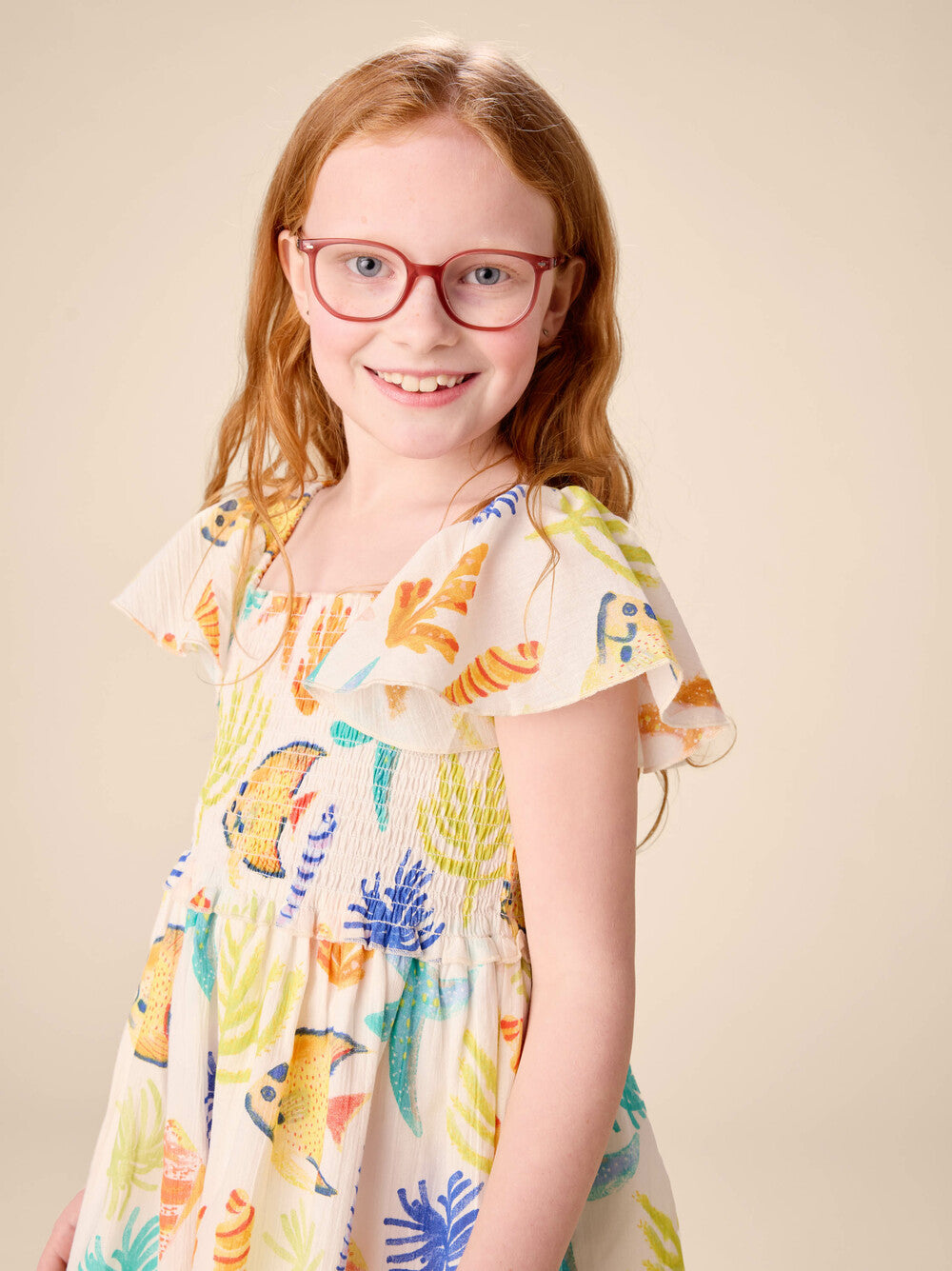 TEA COLLECTION NIÑA VESTIDO FLUTTER SLEEVE WATERCOLOR SEA LIFE