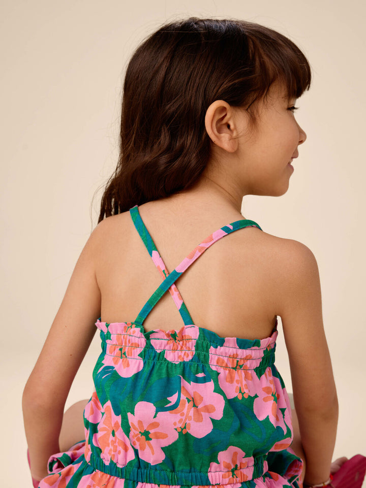TEA COLLECTION NIÑA ROMPER SMOCKED STRAPPY BOLD HIBISCUS