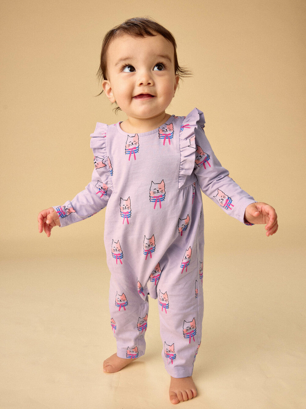 TEA COLLECTION BEBE NIÑA ROMPER RUFFLE SHOULDER BOW TIE CATS