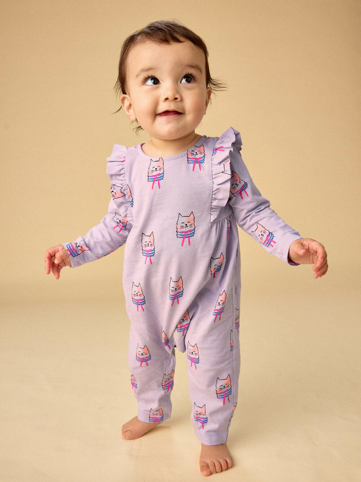 TEA COLLECTION BEBE NIÑA ROMPER RUFFLE SHOULDER BOW TIE CATS