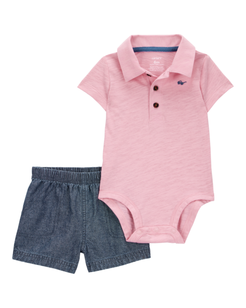 Carters Conjunto De Short Polo Chambray Pink para Bebé Niño