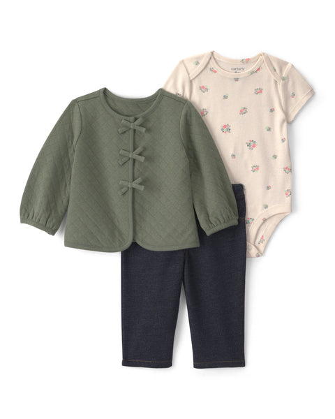 Carters Conjunto De Pantalon Green Quilted Cardi 3pcs para Bebé Niño