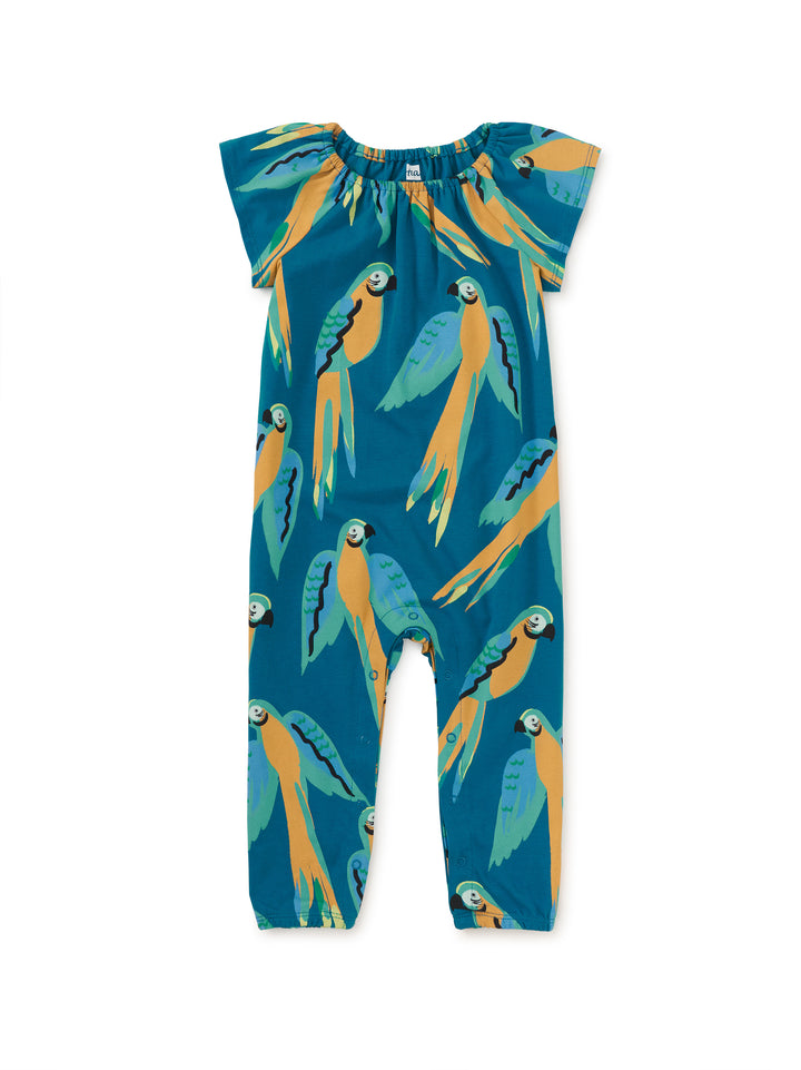 TEA COLLECTION BEBE NIÑA ROMPER FLUTTER SLEEVE BLUE & YELLOW MACAWS