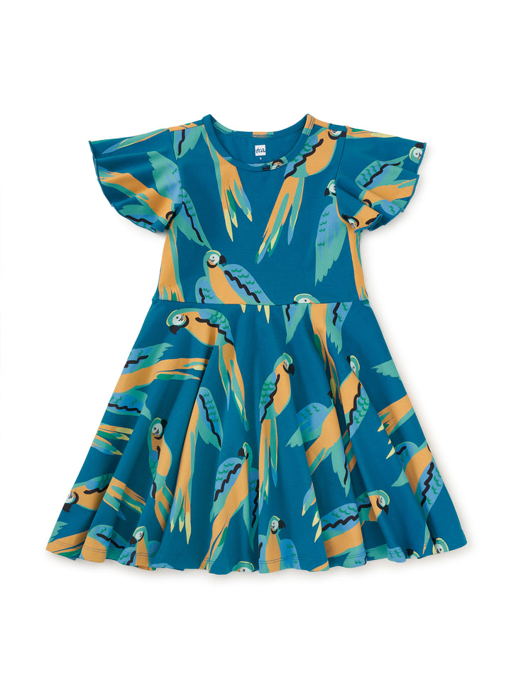TEA COLLECTION NIÑA VESTIDO FLUTTER SLEEVE TWIRL BLUE & YELLOW MACAWS