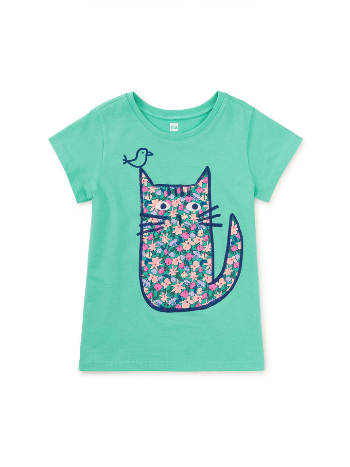 TEA COLLECTION NIÑA TSHIRT FLORAL CAT GRAPHIC TURQUESA