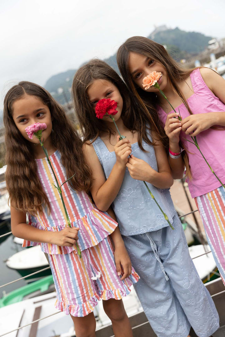Piglo Conjunto Top Amarrado y Pantalón Jardín Denim Azul para Niña