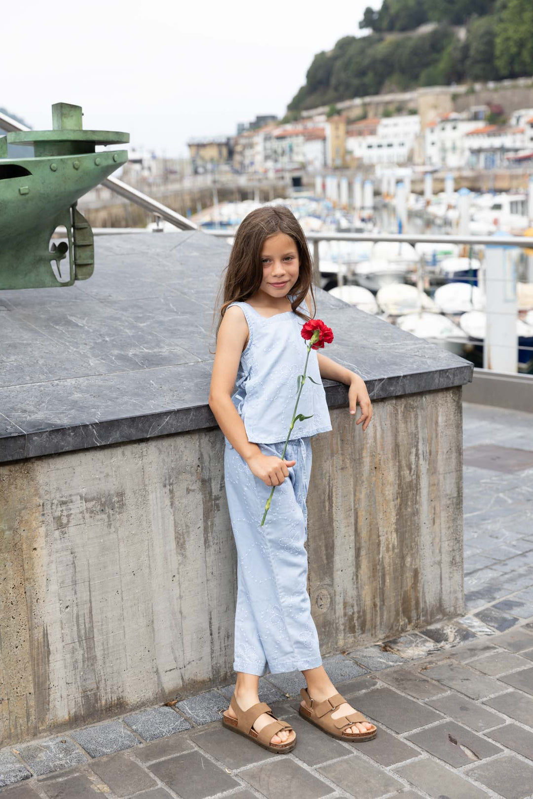 Piglo Conjunto Top Amarrado y Pantalón Jardín Denim Azul para Niña