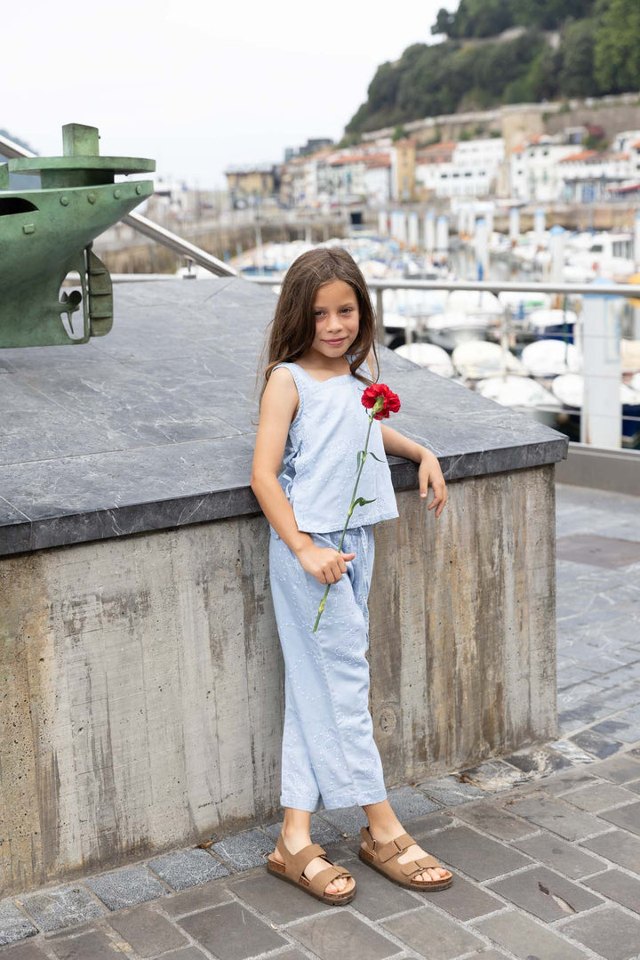 Piglo Conjunto Top Amarrado y Pantalón Jardín Denim Azul para Niña