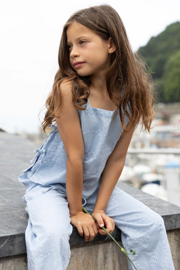 Piglo Conjunto Top Amarrado y Pantalón Jardín Denim Azul para Niña