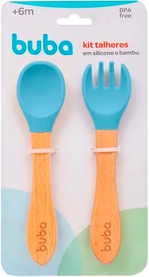 BUBA CUBIERTOS DE SILICONA Y BAMBÚ AZUL