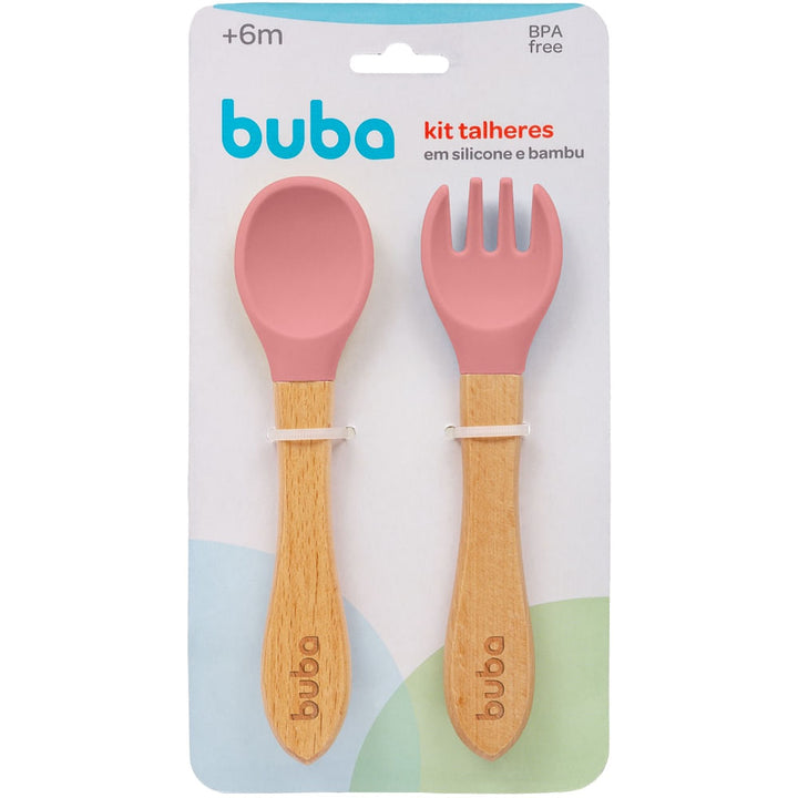 BUBA CUBIERTOS DE SILICONA Y BAMBÚ ROSA