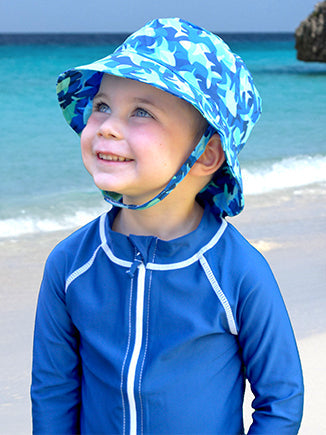 FLAP HAPPY NIÑO SOMBRERO UPF 50 BUCKET MICROFIBER PRINTS PAINTED PALMS BLUE