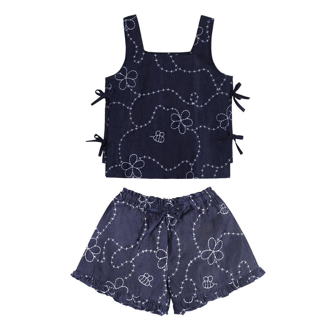 Piglo Conjunto Top Ruffle y Short Jardín Denim Azul para Niña
