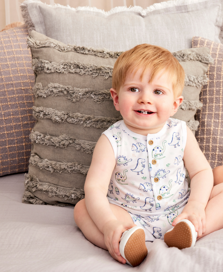 LITTLE ME BEBE NIÑO ROMPER DINO FRIENDS GREEN 2PZS