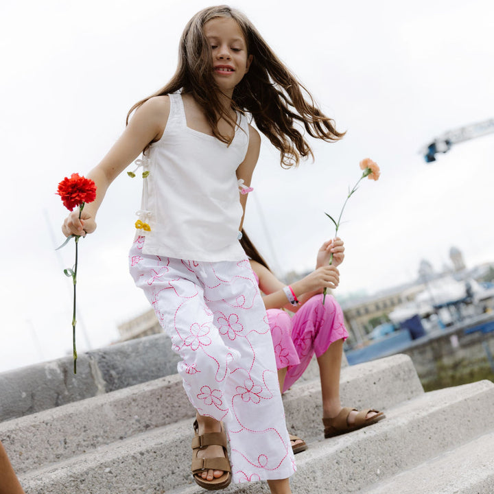 Piglo Conjunto Top Amarrado y Pantalón Jardín Blanco y Rojo para Niña