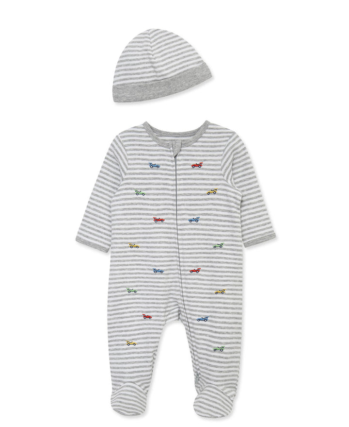 LITTLE ME BEBE NIÑO PIJAMA & HAT RACE CARS GREY