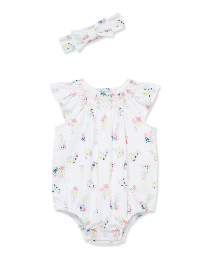 LITTLE ME BEBE NIÑA BODY & HEADBAND SMOCKED WHITE MULTI