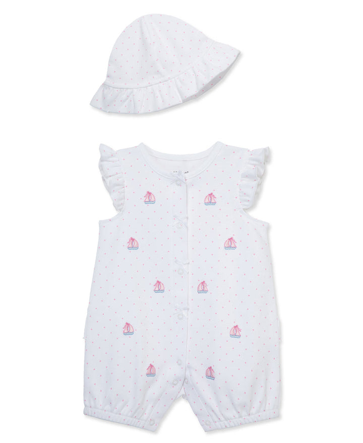 LITTLE ME BEBE NIÑA ROMPER FLORAL BREEZE SAILBOATS HAT PINK