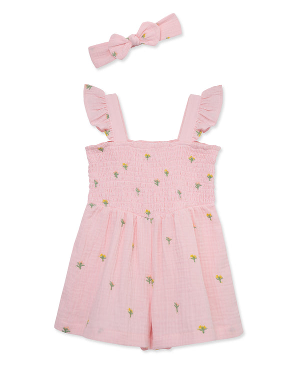 LITTLE ME NIÑA ROMPER WOVEN FLORAL SCHIFFLI PINK