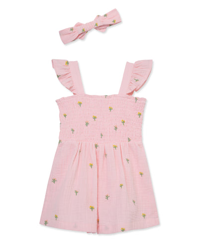 LITTLE ME NIÑA ROMPER WOVEN FLORAL SCHIFFLI PINK