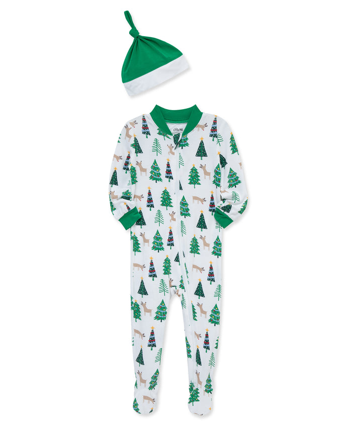 LITTLE ME BEBE NIÑO PIJAMA CHRISTMAS TREE ZIP FRONT WHITE/GREEN