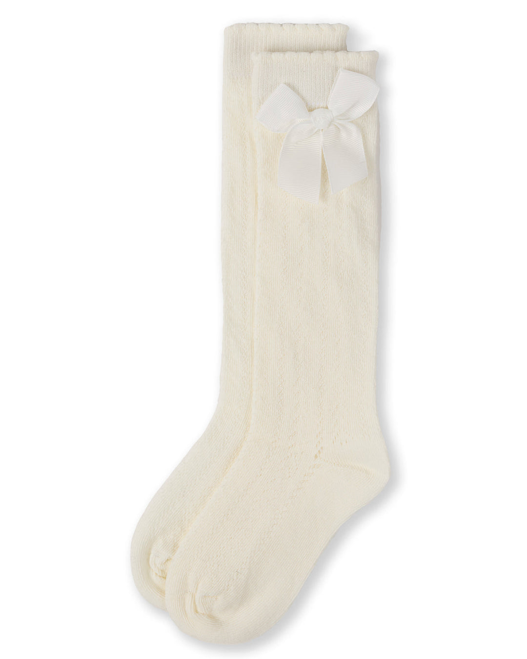 MEMOI NIÑA MEDIAS CROCHET BOW KNEE HIGH WINTER WHITE