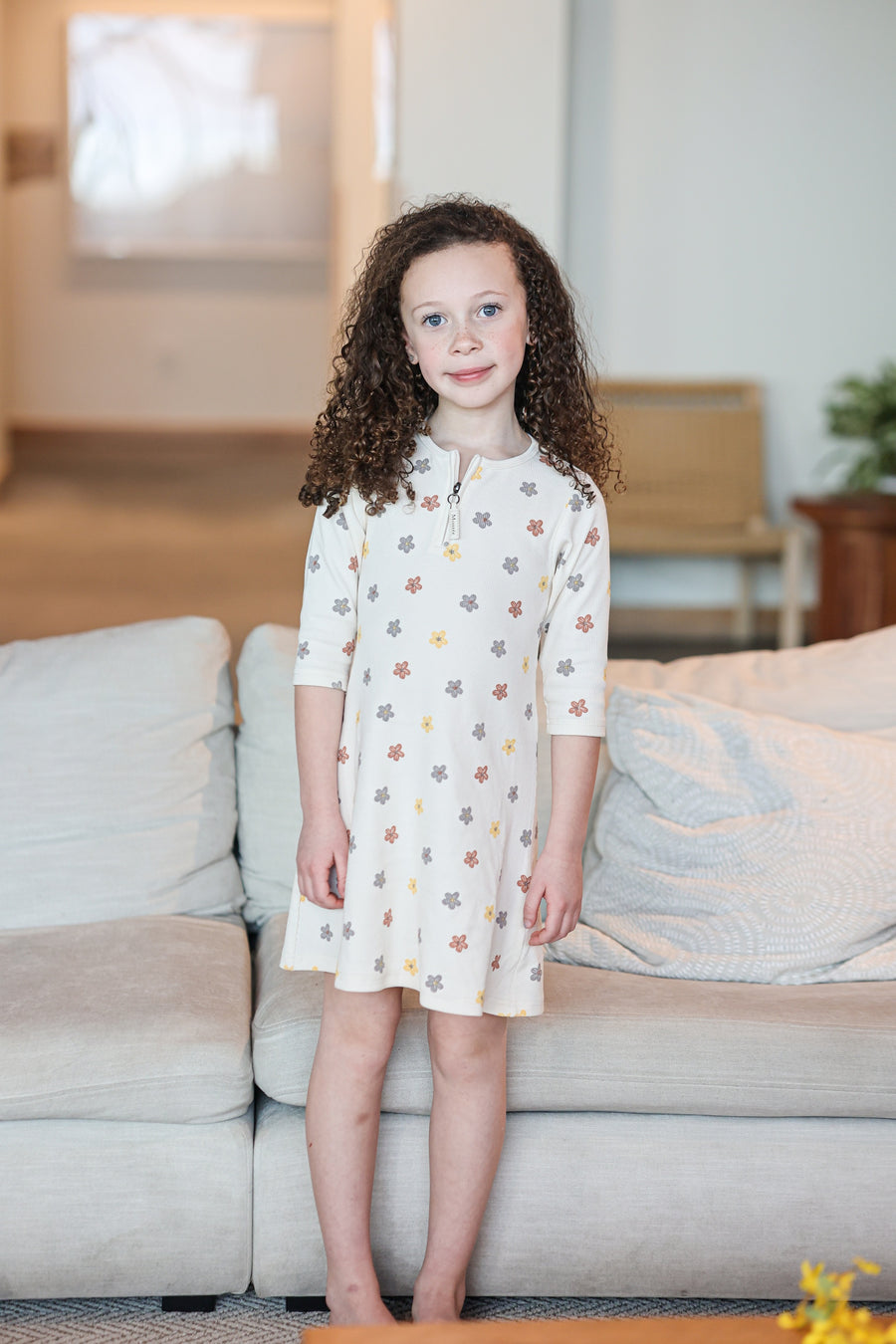 MANIERE NIÑA VESTIDO FLORAL RIBBED 3/4 SLEEVE BEIGE