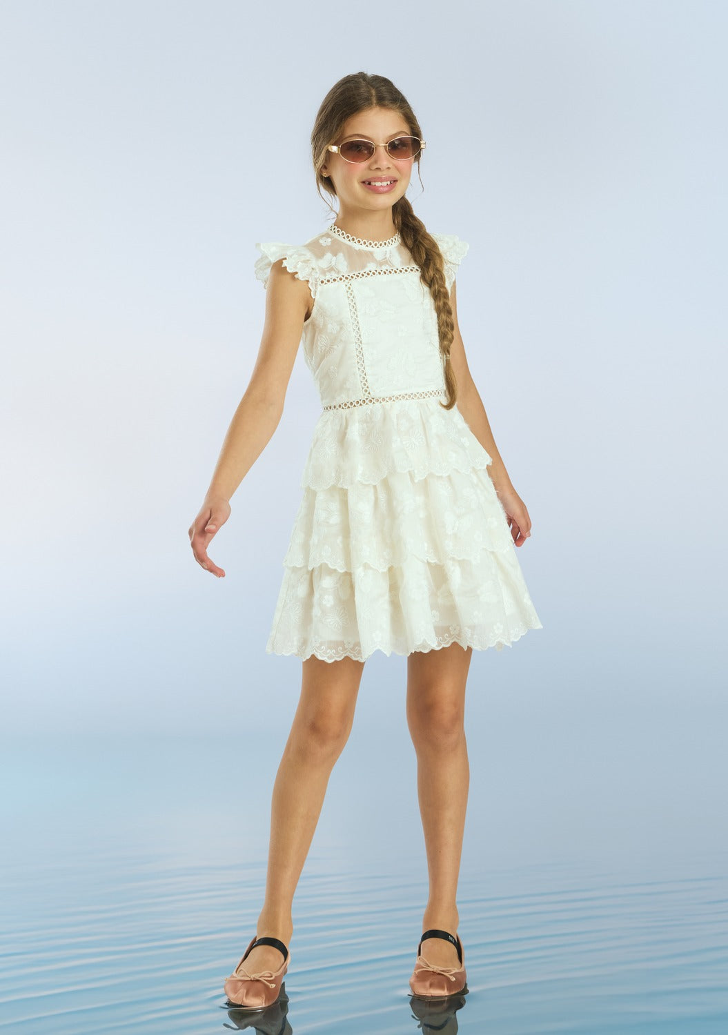 Marlo Vestido Alisha Frill Bordado Mini Crema para Niña