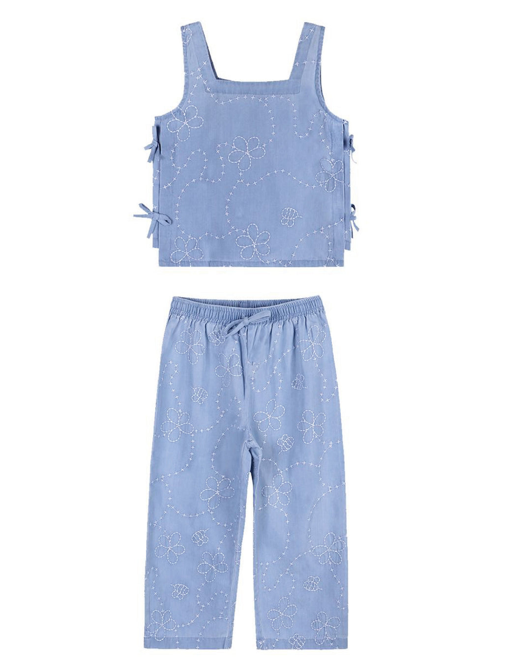 Piglo Conjunto Top Amarrado y Pantalon Jardin Denim Azul para Nina