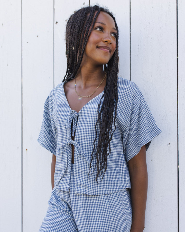 RYLEE & CRU NIÑA CONJ. DE SHORT JUNIPER GINGHAM MARINE