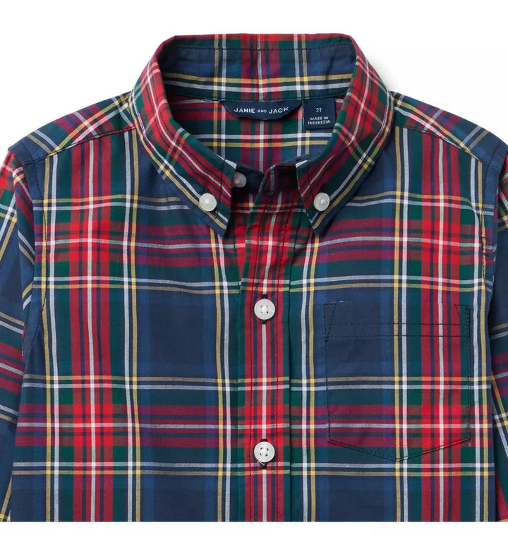 JANIE & JACK NIÑO CAMISA POPLIN PLAID M/L NAVY/RED