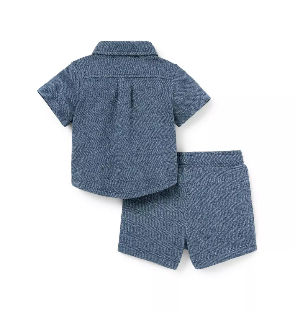 JANIE & JACK BEBE NIÑO CONJ. DE SHORT HERRINGBONE CABANA BLUE