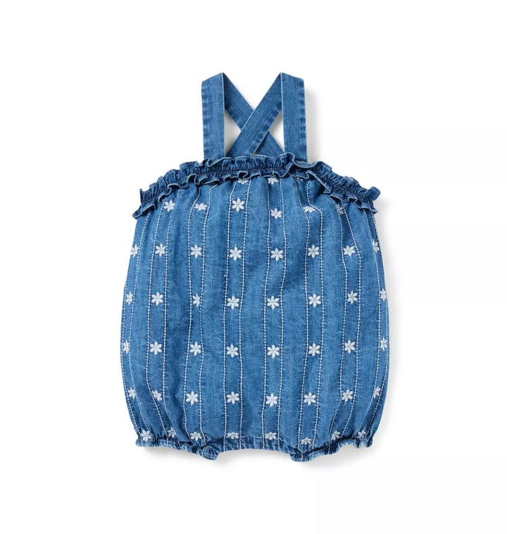 JANIE & JACK BEBE NIÑO ROMPER BLUE WALLPAPER FLORAL STRAPPY BUBBLE