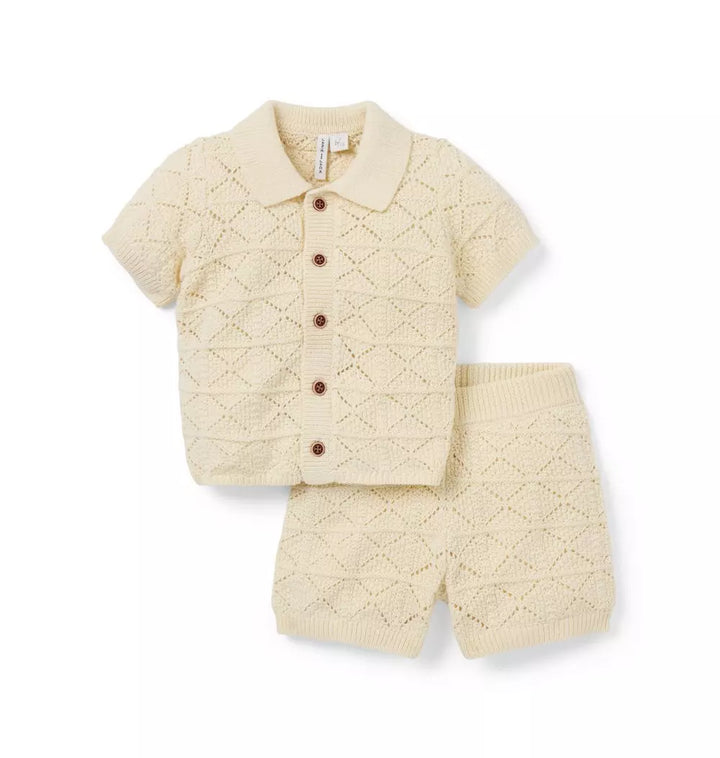 JANIE &amp; JACK BEBE NIÑO CONJ. DE SHORT CREAM CROCHET SQUARES CABANA