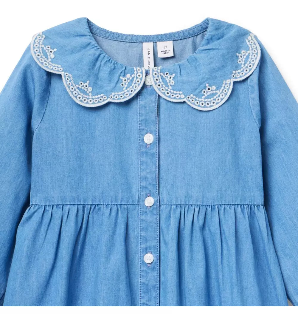 JANIE & JACK NIÑA VESTIDO EMBROIDERED COLLAR M/L DENIM