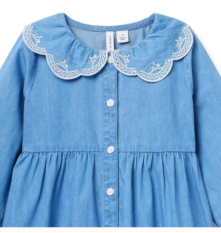 JANIE & JACK NIÑA VESTIDO EMBROIDERED COLLAR M/L DENIM