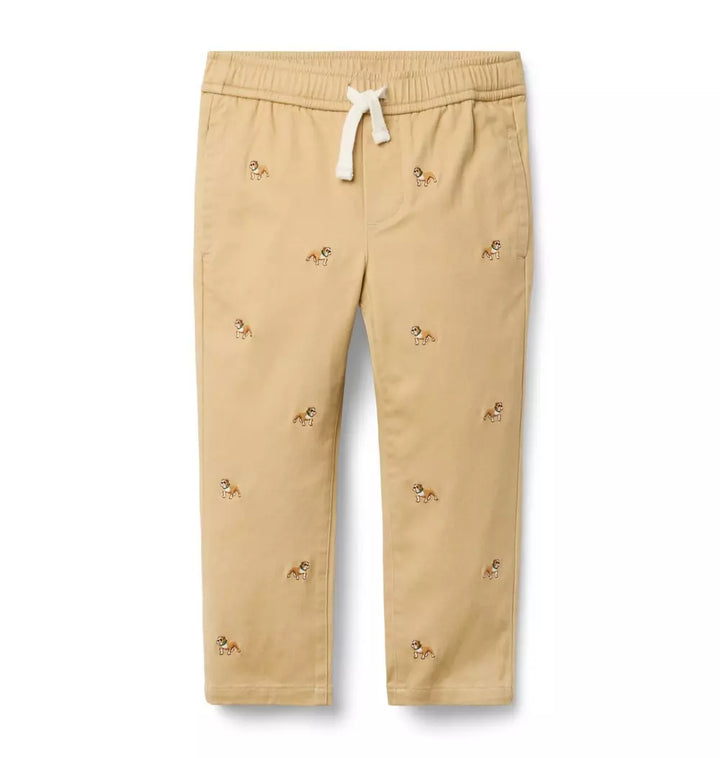JANIE & JACK NIÑO JOGGER EMBROIDERED BULLDOG KHAKI