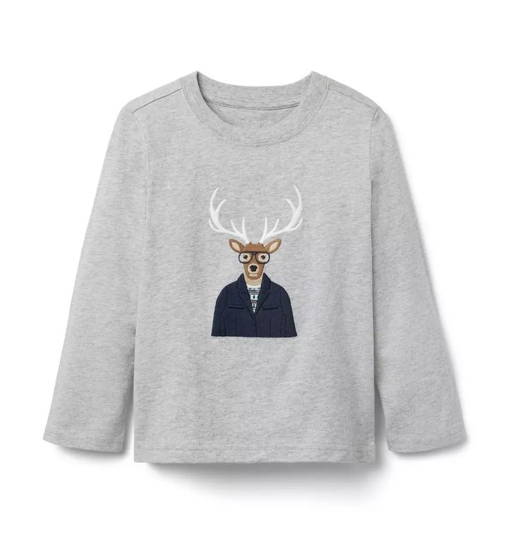 JANIE & JACK NIÑO TSHIRT HEATHER DEER GRAPHIC M/L GREY