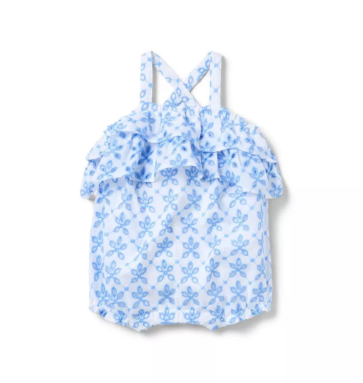 JANIE & JACK BEBE NIÑA OVEROL WHITE BLUE CONTRAST EYELET TIER BUBBLE