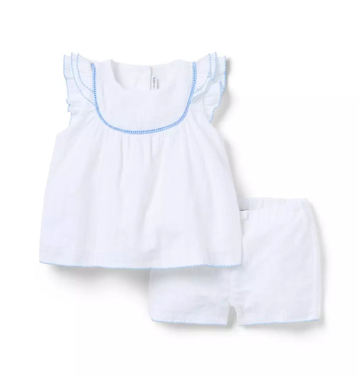 JANIE & JACK BEBE NIÑA CONJ. DE SHORT WHITE LINEN CONTRAST TRIM