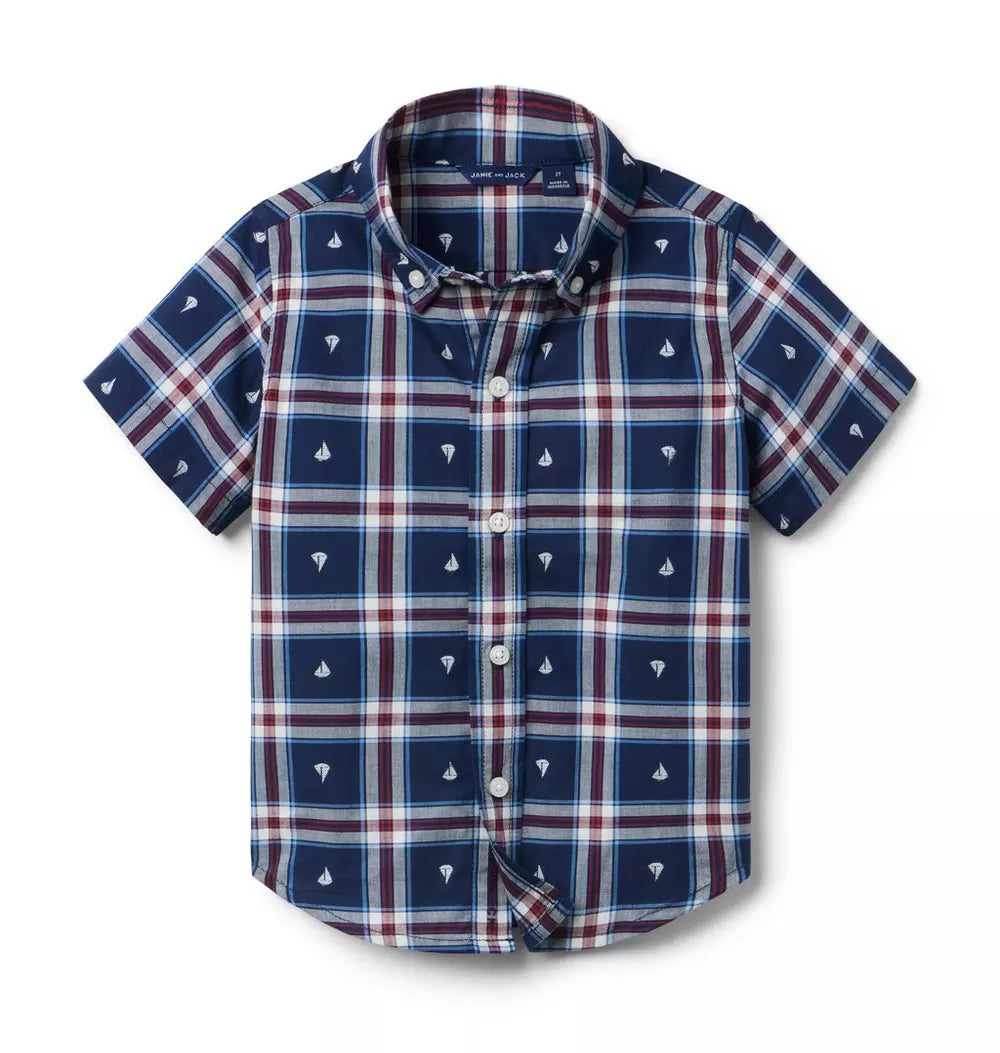 JANIE & JACK NIÑA CAMISA SAILBOAT PLAID JACQUARD