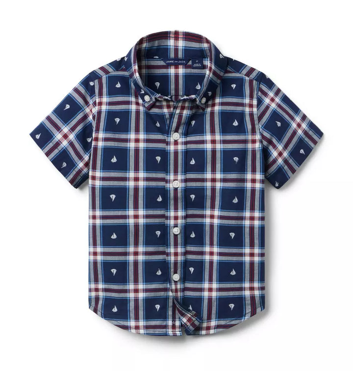 JANIE & JACK NIÑA CAMISA SAILBOAT PLAID JACQUARD