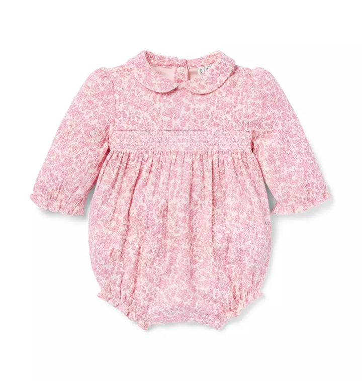 JANIE & JACK BEBE NIÑA ROMPER FLORAL SMOCKED BUBBLE M/L PINK