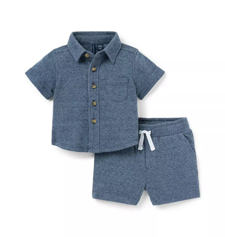 JANIE & JACK BEBE NIÑO CONJ. DE SHORT HERRINGBONE CABANA BLUE