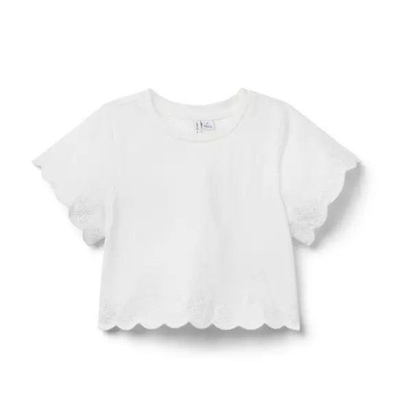 JANIE & JACK NIÑA TSHIRT EMBROIDERED EYELET TRIM M/C WHITE