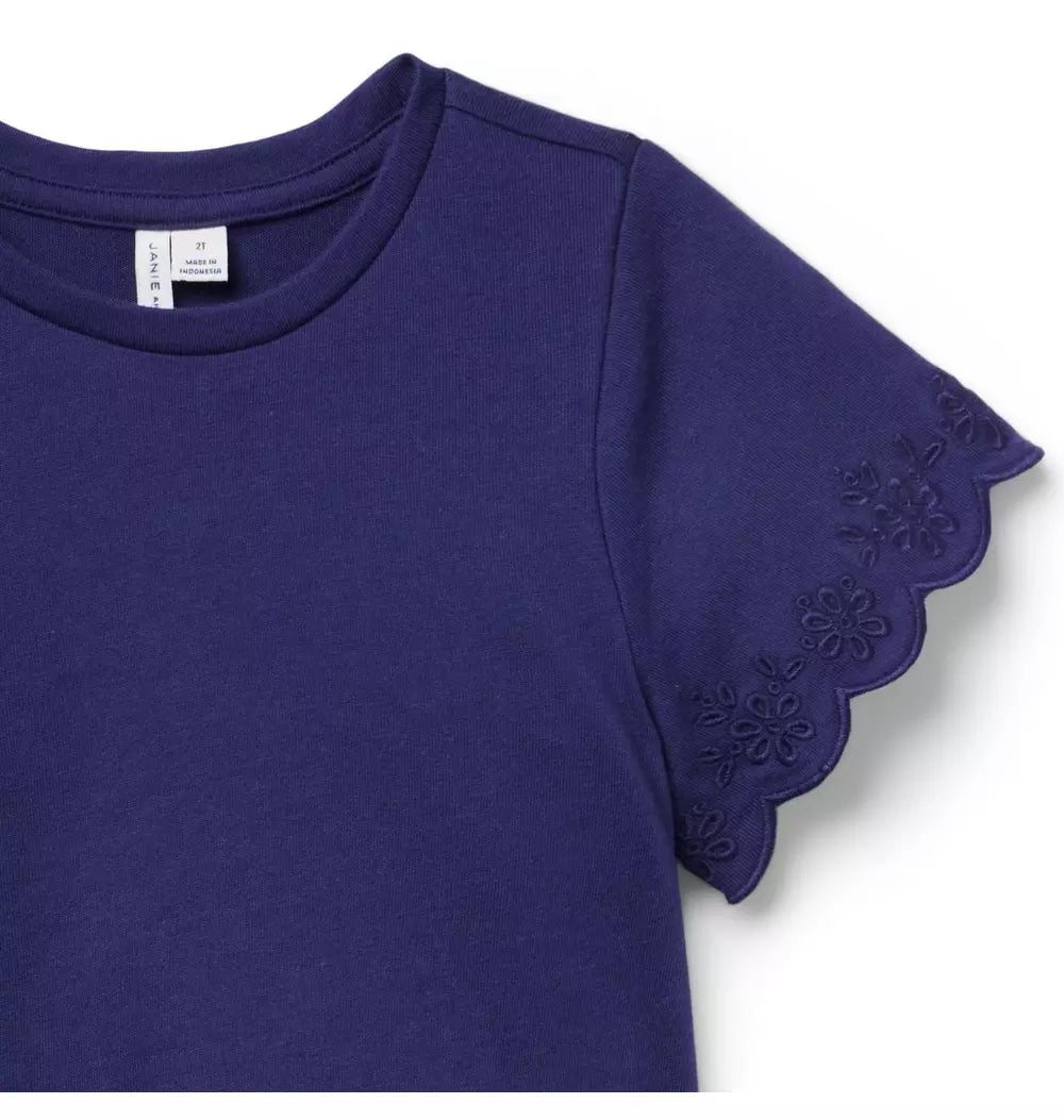 JANIE & JACK NIÑA TSHIRT EMBROIDERED EYELET TRIM M/C NAVY